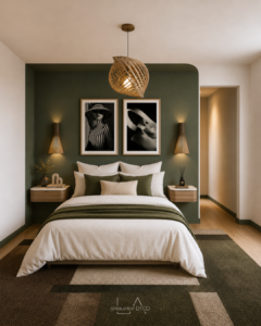 Chambre parentale contemporaine où la peinture enveloppe le lit en formant un cocon sur le mur et le plafond. Chevets suspendus, grandes appliques murales, affiches noir et blanc et tapis moelleux créent une ambiance élégante.
