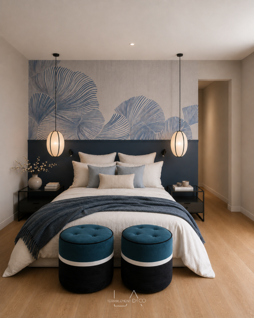 Chambre parentale élégante avec soubassement bleu marine, papier peint panoramique au-dessus de la tête de lit, deux poufs Sara Lavoine en pied de lit et décoration raffinée.
