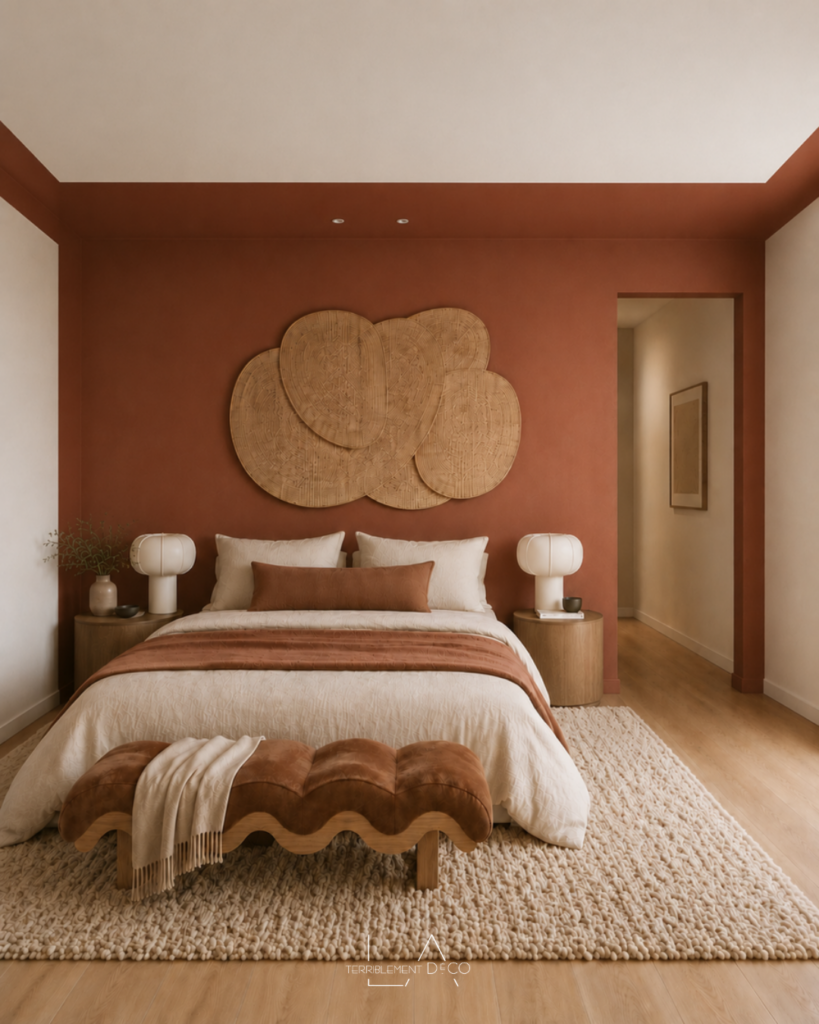 Chambre parentale contemporaine dans des tons terracotta inspirés du style bohème, avec jeu de peinture au plafond, matières naturelles et mobilier design créant une ambiance chaleureuse.