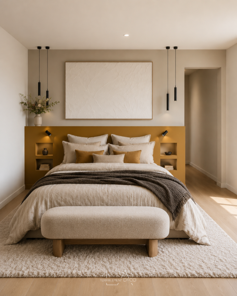 Chambre parentale avec tête de lit maçonnée intégrant des niches de rangement, éclairages décoratifs, détails couleur moutarde et aménagement optimisant chaque centimètre de la pièce.