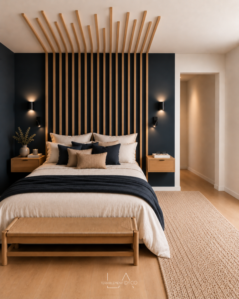 Chambre parentale contemporaine avec peinture sombre enveloppant la zone de nuit, tasseaux de bois verticaux, chevets assortis et mobilier en bois créant une atmosphère élégante et chaleureuse.