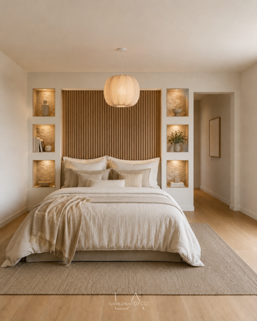 Chambre parentale haut de gamme avec niches rétroéclairées habillées de pierre naturelle, palette de beiges en dégradé, matières nobles et ambiance élégante propice à la détente.