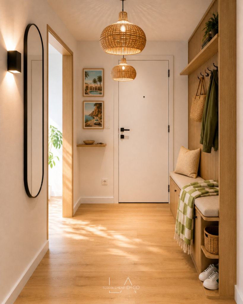 entrée contemporaine blanche réchauffée par du bois clair