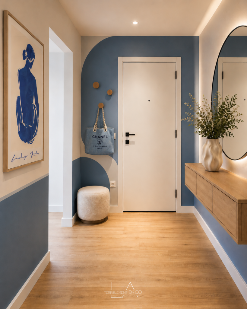 Entrée contemporaine avec un mur aux formes courbes peintes, un meuble suspendu aux lignes épurées et un soubassement. Les courbes et les lignes droites s'équilibrent pour créer une composition harmonieuse.