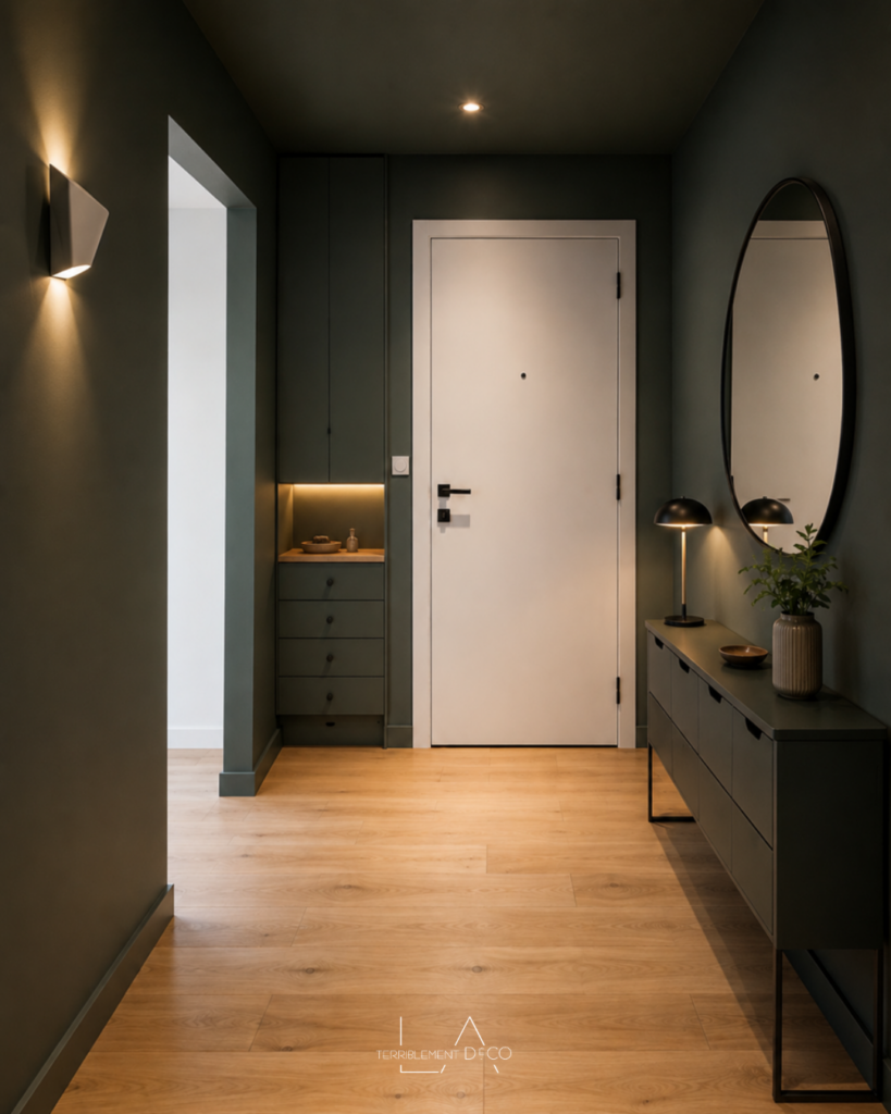 Entrée contemporaine aux teintes profondes avec des rangements, des luminaires et une décoration chaleureuse créant une atmosphère cocooning.
