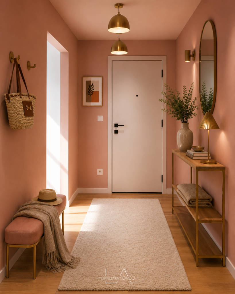 Entrée élégante dans des tons chauds avec miroir arrondi, luminaires en laiton, mobilier contemporain et décoration aux accents féminins.