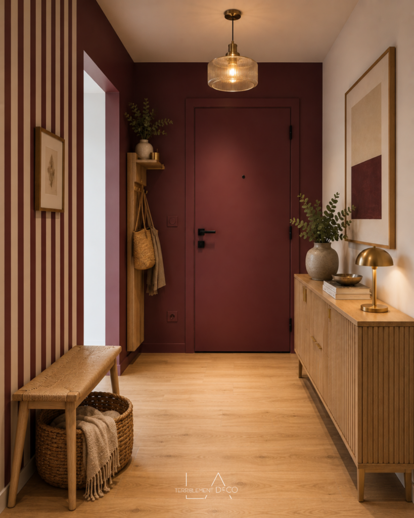Entrée contemporaine avec papier peint rayé bordeaux, meuble en bois rainuré, banquette, porte-manteaux et espace fonctionnel pour déposer ses affaires.