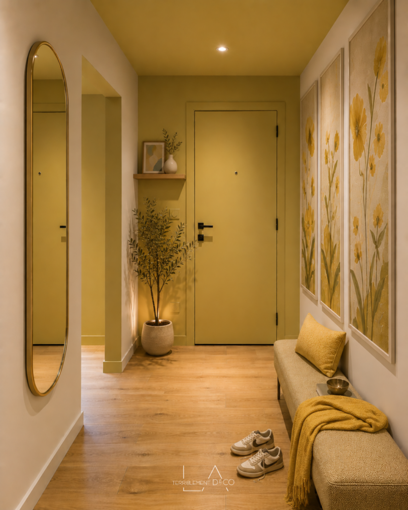 Entrée contemporaine avec arche et plafond vert tilleul, murs couleur sable et grande toile décorative aux motifs verts, créant une harmonie de couleurs.