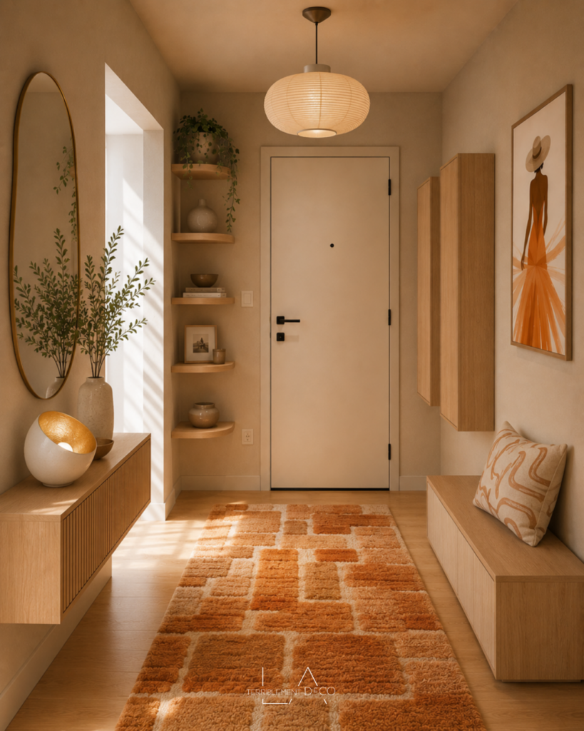 Entrée contemporaine dans des tons beiges et terracotta avec mobilier suspendu, lampe en céramique artisanale, tapis chaleureux et décoration aux matières naturelles.