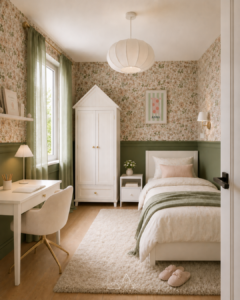 Chambre d'enfant vert sauge apaisante d'inspiration cottage anglais douce et évolutive.