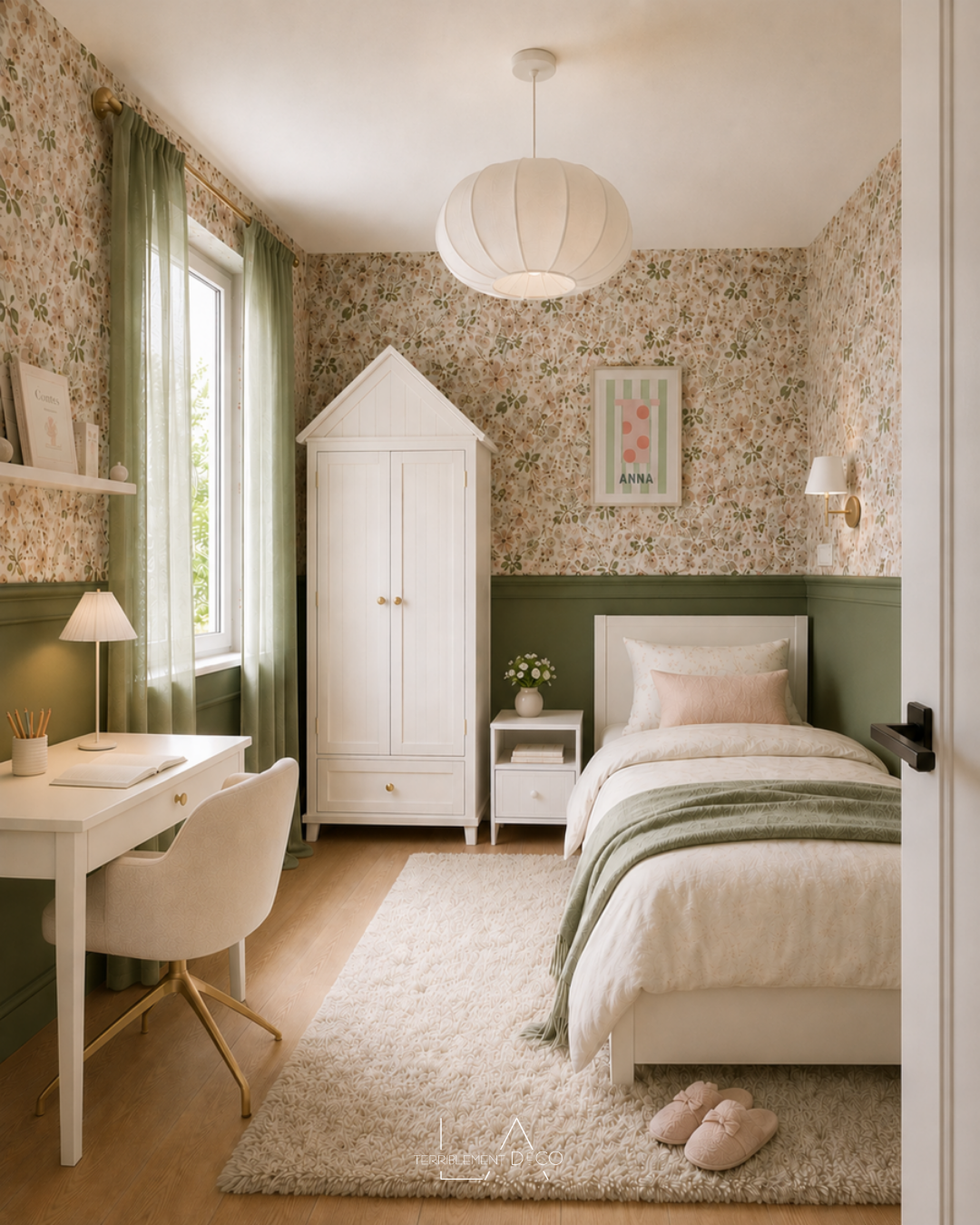Chambre d'enfant vert sauge apaisante d'inspiration cottage anglais douce et évolutive.
