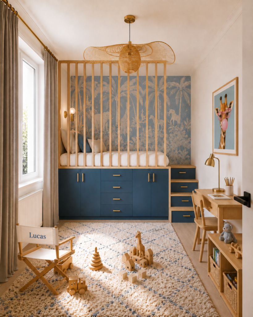 Chambre d'enfant bleu profond contemporaine avec estrade sur mesure avec rangements intégrés et coin lecture.