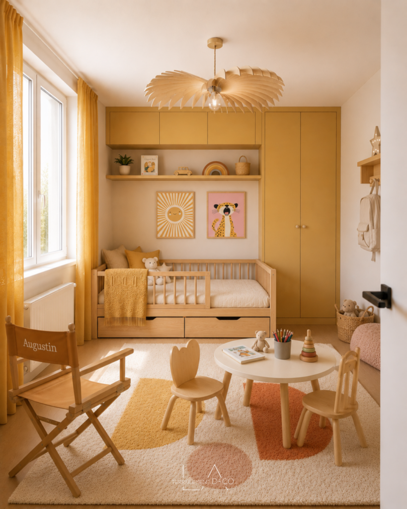 Chambre d'enfant jaune ocre lumineuse avec décoration moderne et mobilier fonctionnel, arche de rangements.