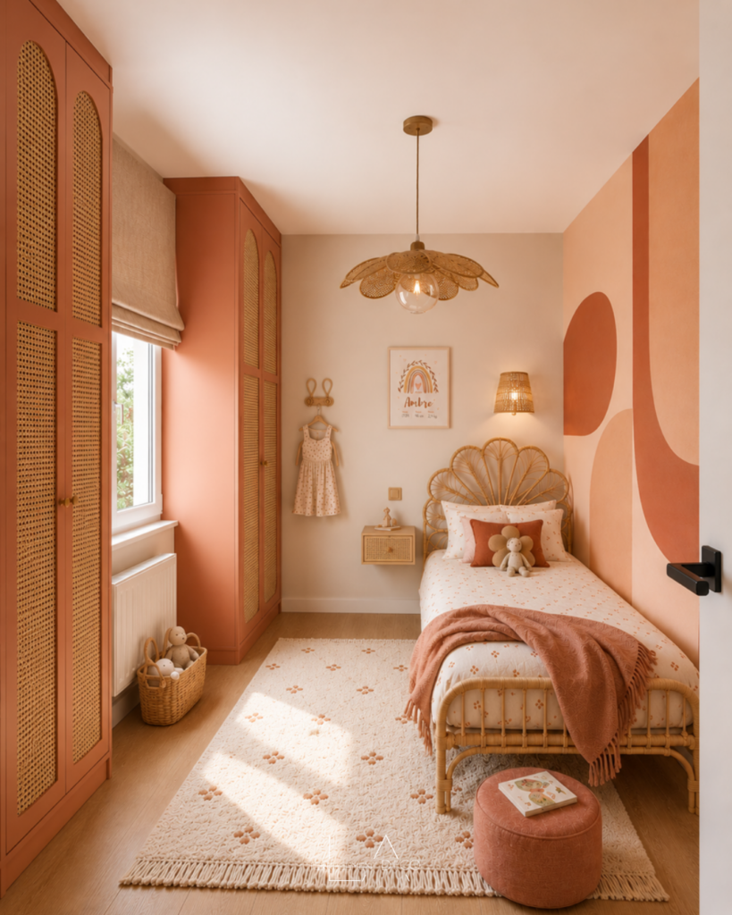 Chambre d'enfant terracotta chaleureuse avec inspiration boheme et décoration naturelle, rangenements Plum living sur mesure.