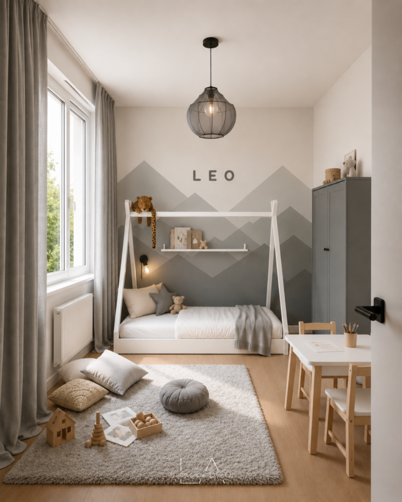 Chambre d'enfant gris clair contemporaine avec mobilier Montessori et décoration intemporelle, fresque murale peinte montagnes.