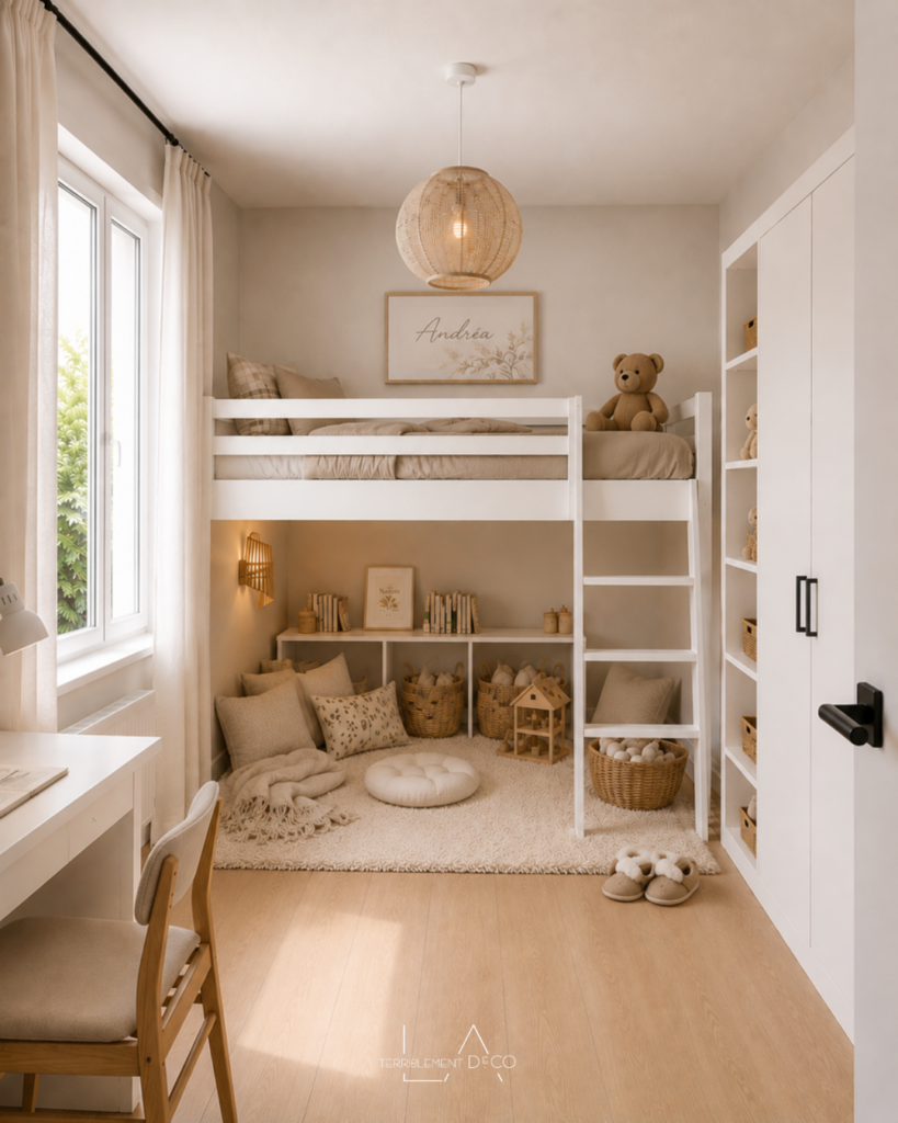 Chambre d'enfant élégante aux tons beige et bois clair avec lit mezzanine et bureau.
