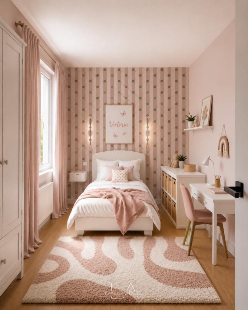 Chambre d'enfant rose poudré élégante avec bureau et rangements.