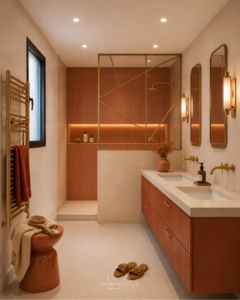 Petite salle d'eau terracotta avec douche ouverte, meuble double vasque nervuré et robinetterie en laiton.