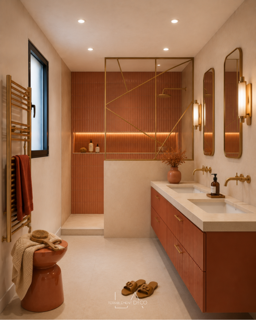 Petite salle d'eau terracotta avec douche ouverte, meuble double vasque nervuré et robinetterie en laiton.