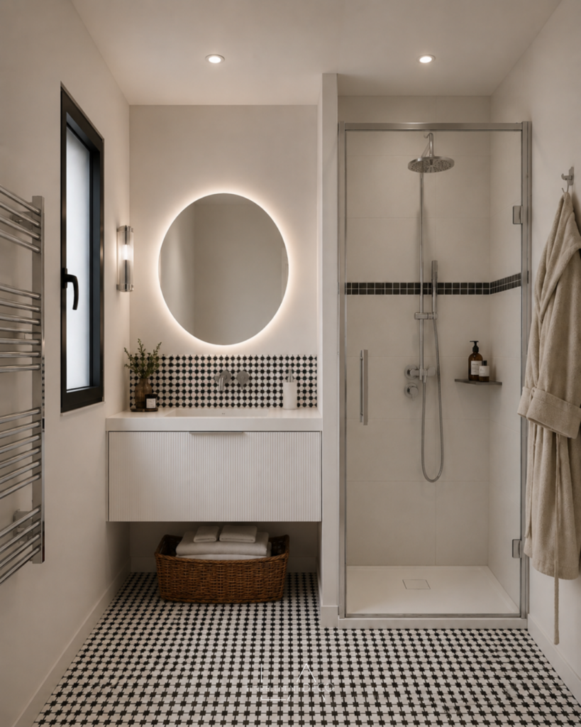 Petite salle d'eau noir et blanc avec sol graphique, douche à l'italienne, meuble vasque suspendu et miroir rond rétroéclairé.