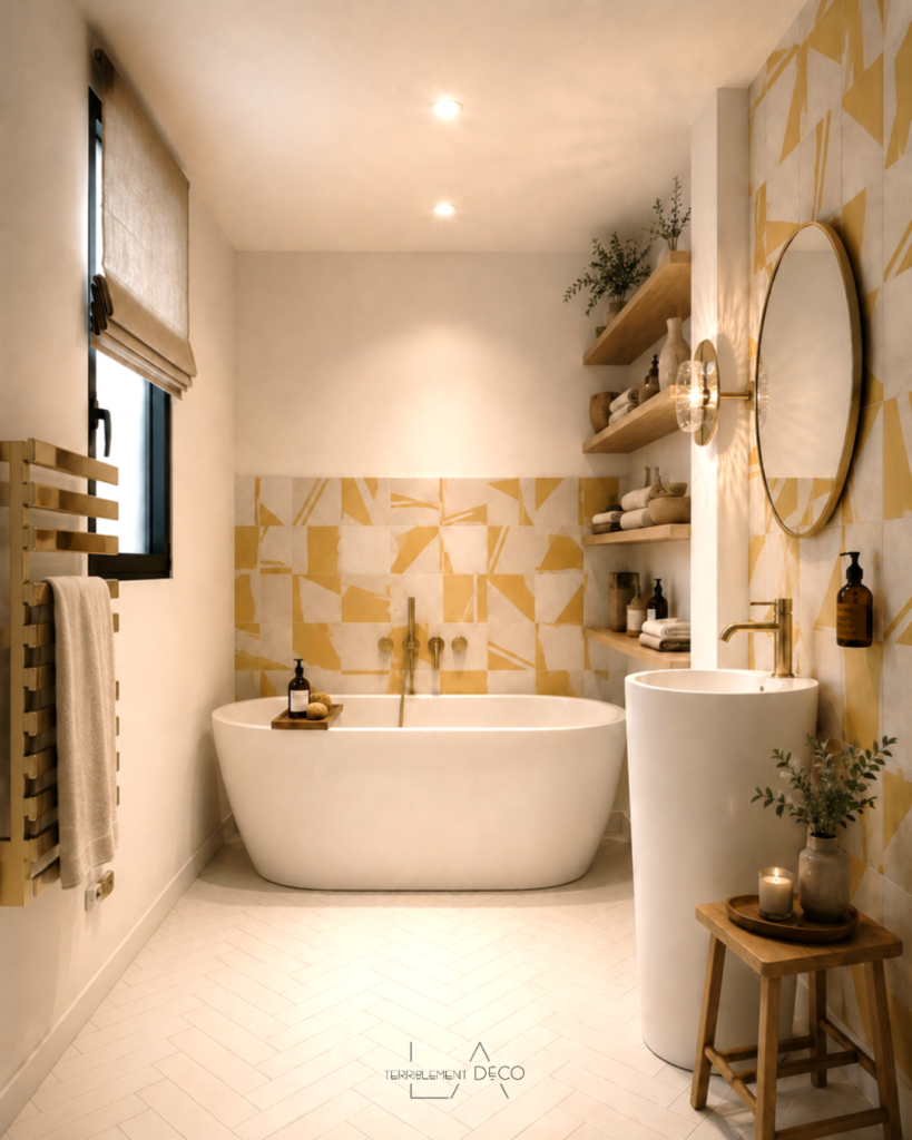 Salle de bain lumineuse avec baignoire îlot, vasque sur pied, carrelage graphique jaune et ambiance chaleureuse.