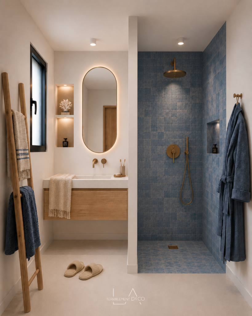 Petite salle d'eau avec douche à l'italienne en carrelage bleu, meuble vasque suspendu en bois clair et niche éclairée esprit bord de mer