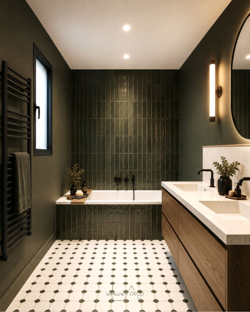 Petite salle de bain contemporaine avec faïence vert profond, meuble double vasque en bois et sol graphique noir et blanc.