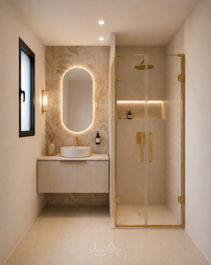 Petite salle d'eau avec douche à l'italienne, meuble vasque suspendu, miroir rétroéclairé et carrelage végétal beige, robinetterie laiton