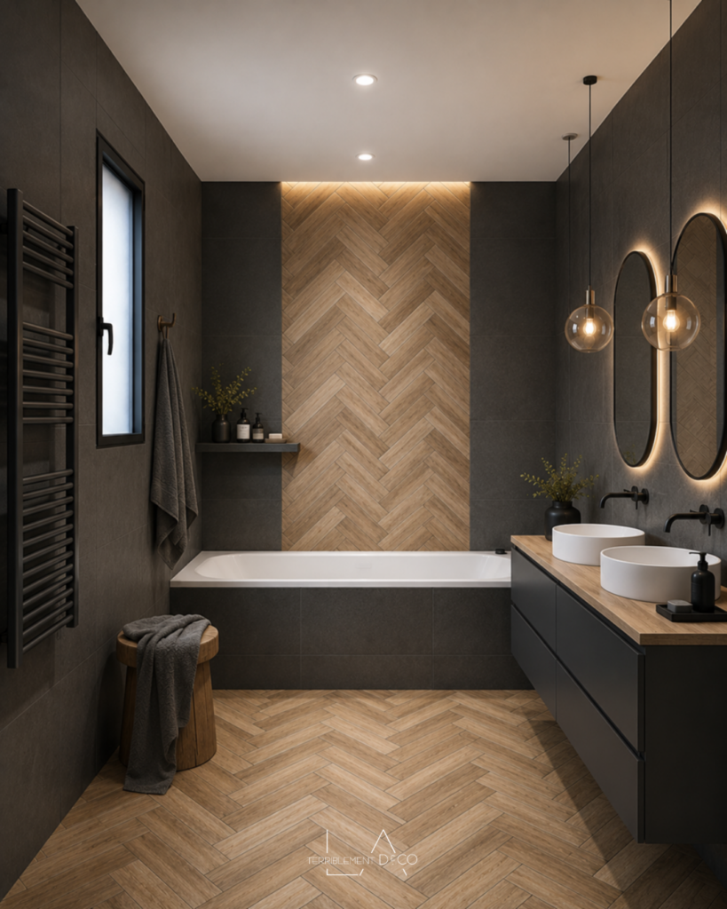 Salle de bain contemporaine noir et bois avec baignoire, meuble double vasque suspendu et revêtement en chevrons.