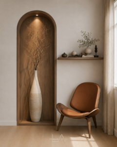 Alcôve habillée de bois de noyer avec éclairage intégré, grand vase en céramique et fauteuil design en cuir cognac dans un intérieur japandi.