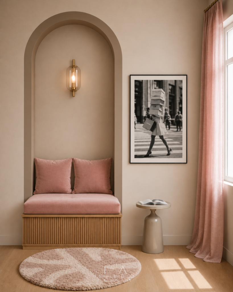 Alcôve aménagée en coin lecture avec banquette sur mesure, coussins, étagères murales et décoration aux tons rose poudré et beige.