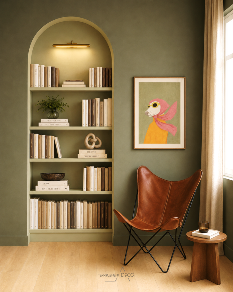 Alcôve aménagée en bibliothèque sur mesure avec étagères vert olive, fauteuil confortable et décoration contemporaine aux tons naturels.