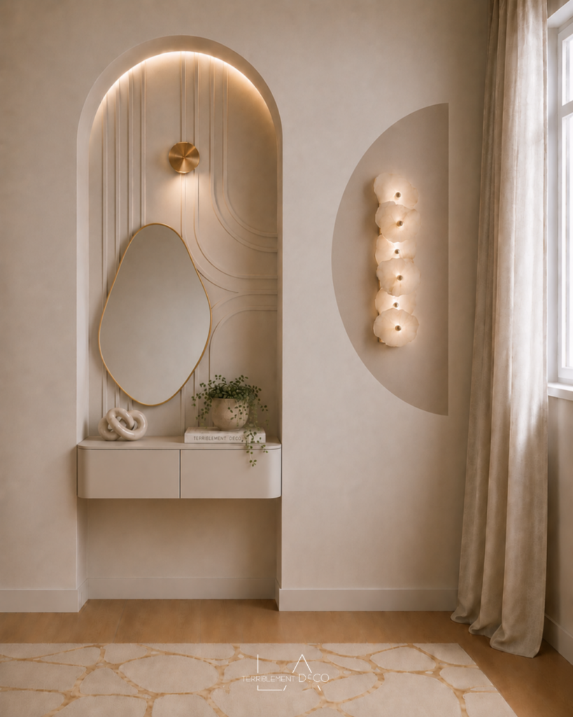 alcôve avec meuble suspendu, miroir organique, moulures décoratives, éclairage indirect et décoration beige haut de gamme.