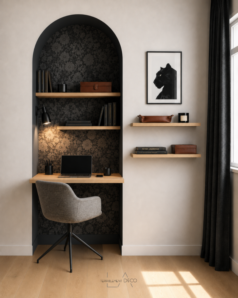 Alcôve transformée en bureau intégré avec papier peint noir, étagères en bois, éclairage d'ambiance et espace de travail contemporain.