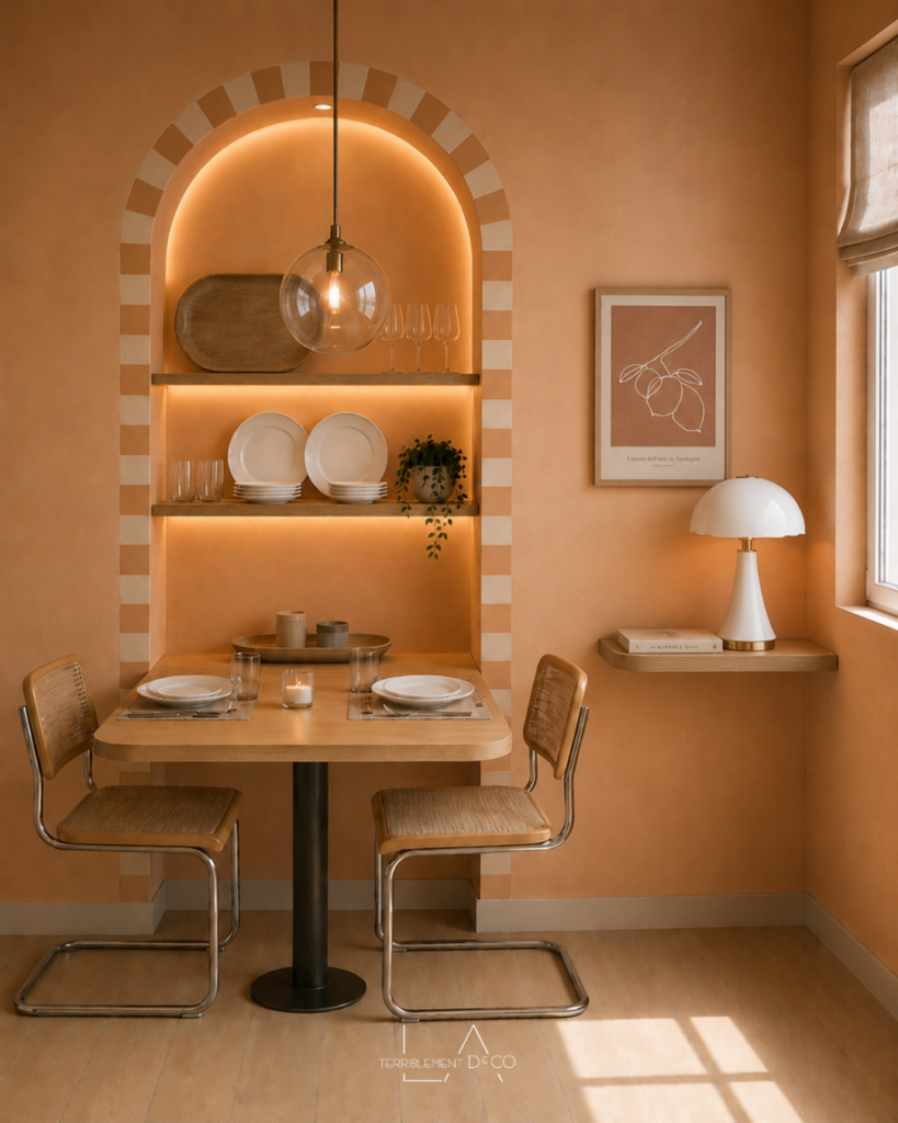 Alcôve transformée en coin repas avec table intégrée, étagères rétroéclairées, arche décorative bicolore peinte dans des tons abricot et saumon et décoration contemporaine.