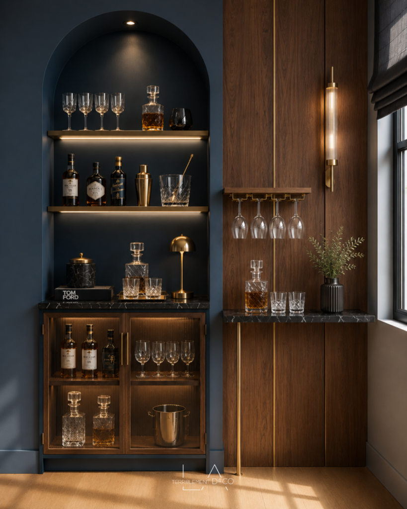 Alcôve transformée en bar design avec étagères rétroéclairées, meubles bleu nuit, bois de noyer et ambiance élégante inspirée des hôtels.
