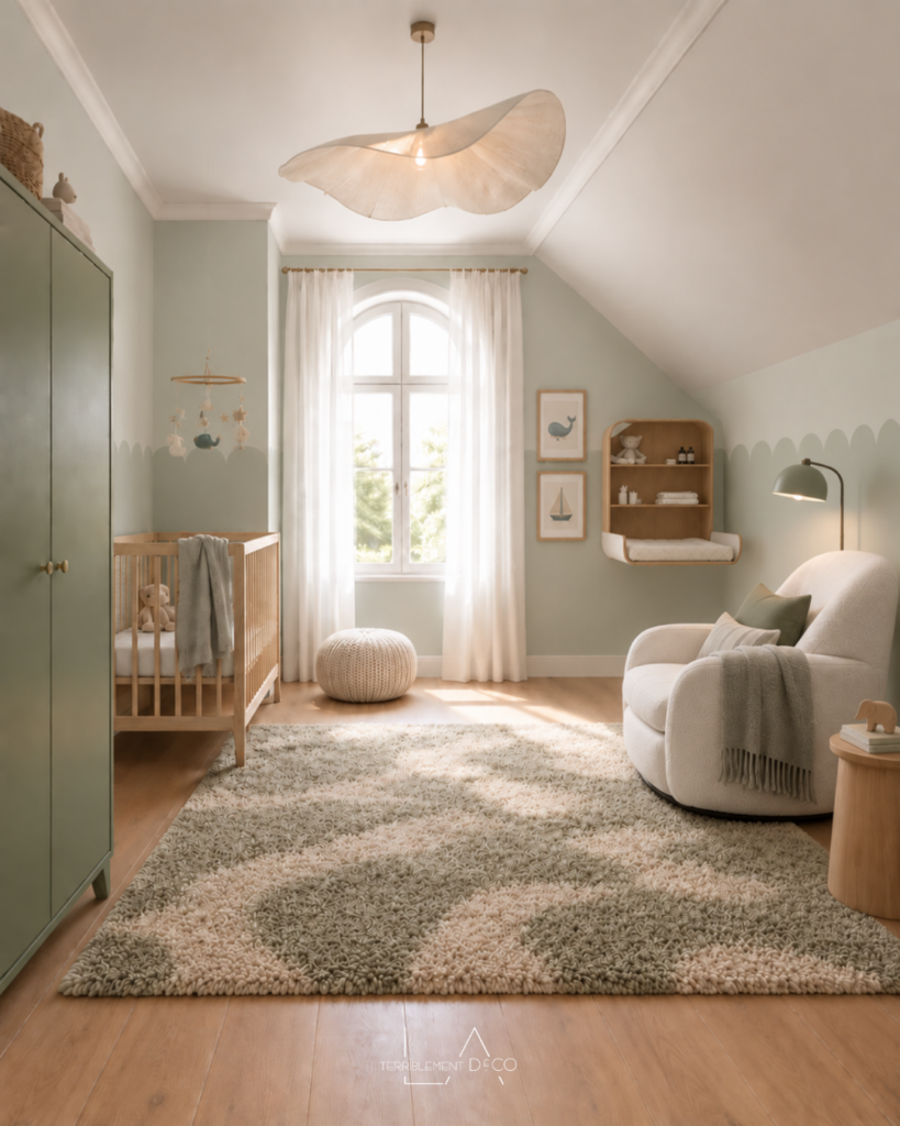 Chambre de bébé vert sauge avec mur décoré de formes festonnées, mobilier en bois clair et matières naturelles