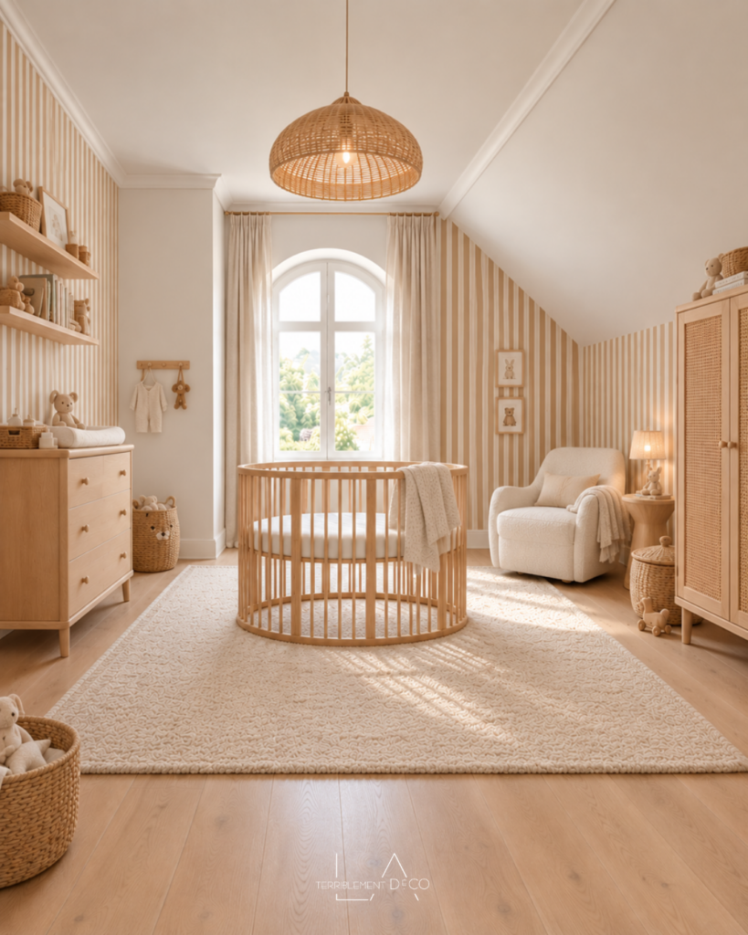 Chambre de bébé beige avec mur à rayures verticales, lit en bois clair et décoration naturelle