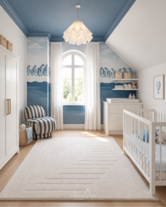 Chambre de bébé bleue avec papier peint illustré de pingouins, lit en bois et décoration douce