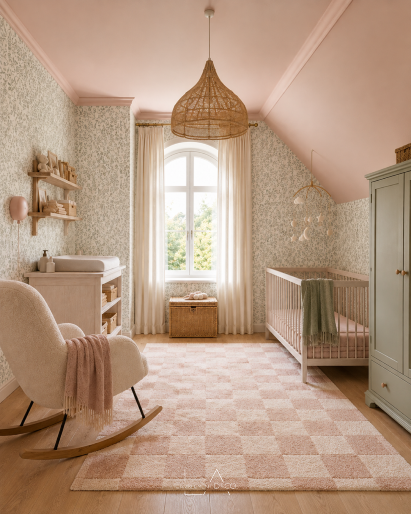 Chambre de bébé plafond rose poudré avec papier peint floral, mobilier en bois clair et fauteuil en tissu bouclé
