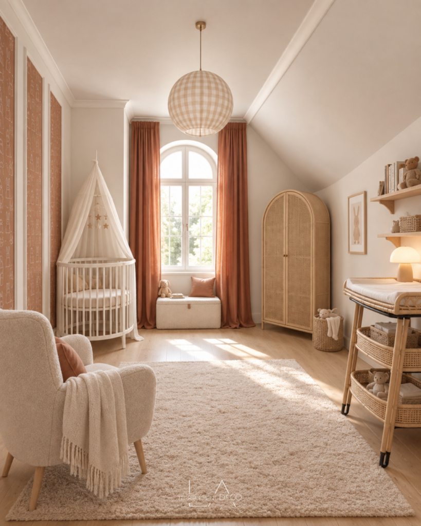 Chambre de bébé terracotta avec lit à baldaquin, rideaux colorés, mobilier en bois et décoration en matières naturelles