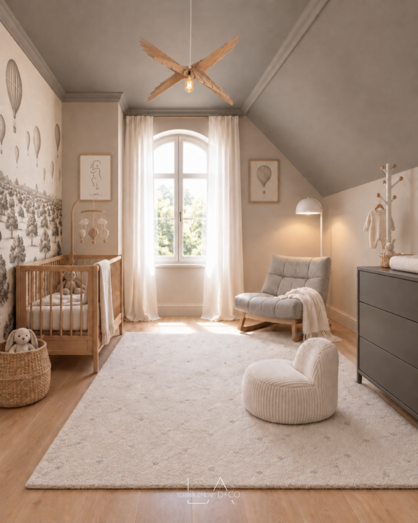 Chambre de bébé grise et blanc avec papier peint panoramique, fauteuil bouclette et mobilier en bois clair