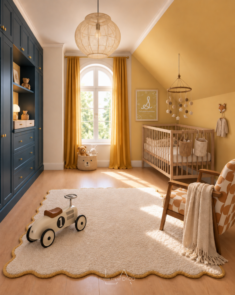 Chambre de bébé bleu nuit et jaune moutarde avec mobilier en bois, fauteuil à motifs et décoration chaleureuse
