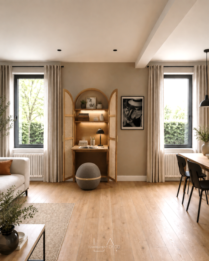 Coin bureau contemporain aménagé dans une arche décorative avec étagères, éclairage LED intégré, bureau suspendu, ballon ergonomique Bloon Paris et décoration dans des tons beiges et bois clair.