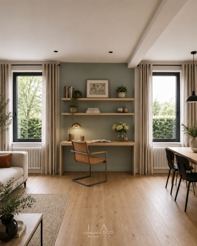 Coin bureau intégré dans une pièce de vie avec mur vert sauge, bureau en bois, deux longues étagères murales, fauteuil en cuir camel, lampe en laiton et décoration aux tons naturels.