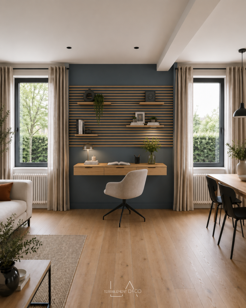 Coin bureau contemporain avec mur bleu profond, parement en tasseaux horizontaux, bureau en bois avec tiroirs, étagères suspendues et fauteuil pivotant blanc.