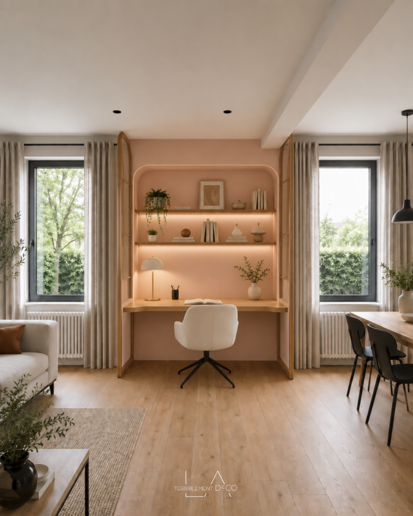 Coin bureau contemporain avec niches rétroéclairées, bureau beige, étagères intégrées, fauteuil bouclette et décoration dans des tons beiges et bois clair.