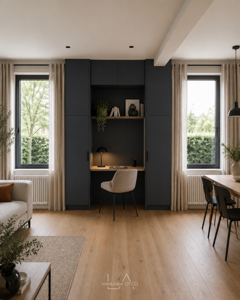 Coin bureau avec mobilier sur mesure bleu profond intégrant un bureau, une bibliothèque mêlant rangements ouverts et fermés, fauteuil en cuir cognac et décoration contemporaine.