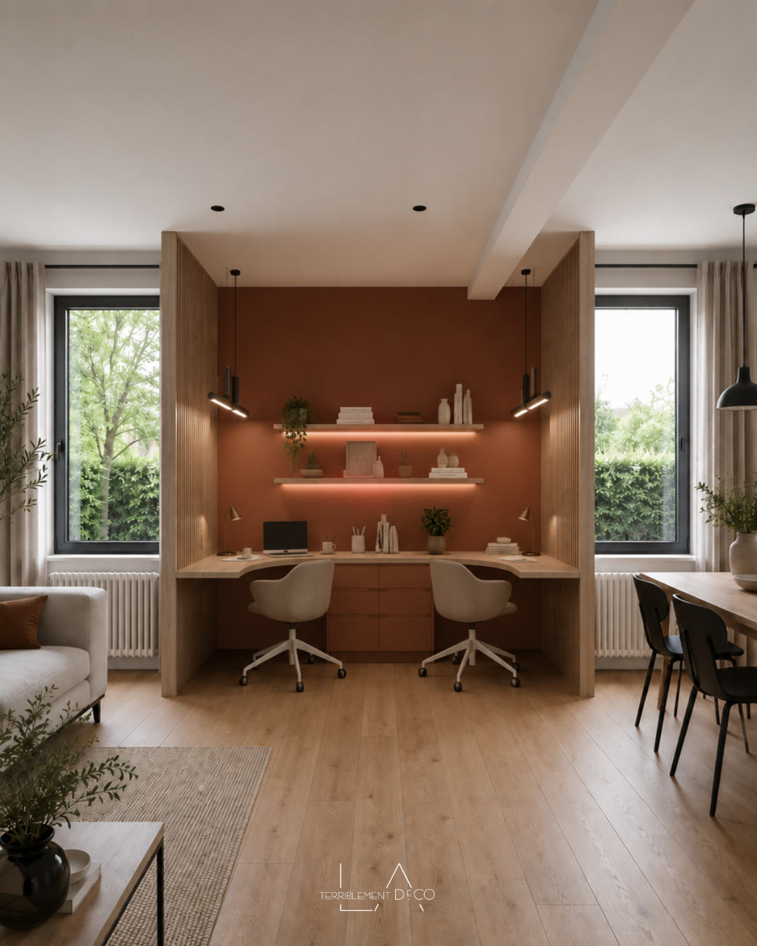 Coin bureau contemporain aménagé dans une arche décorative avec étagères, éclairage LED intégré, bureau suspendu, ballon ergonomique Bloon Paris et décoration dans des tons beiges et bois clair.
