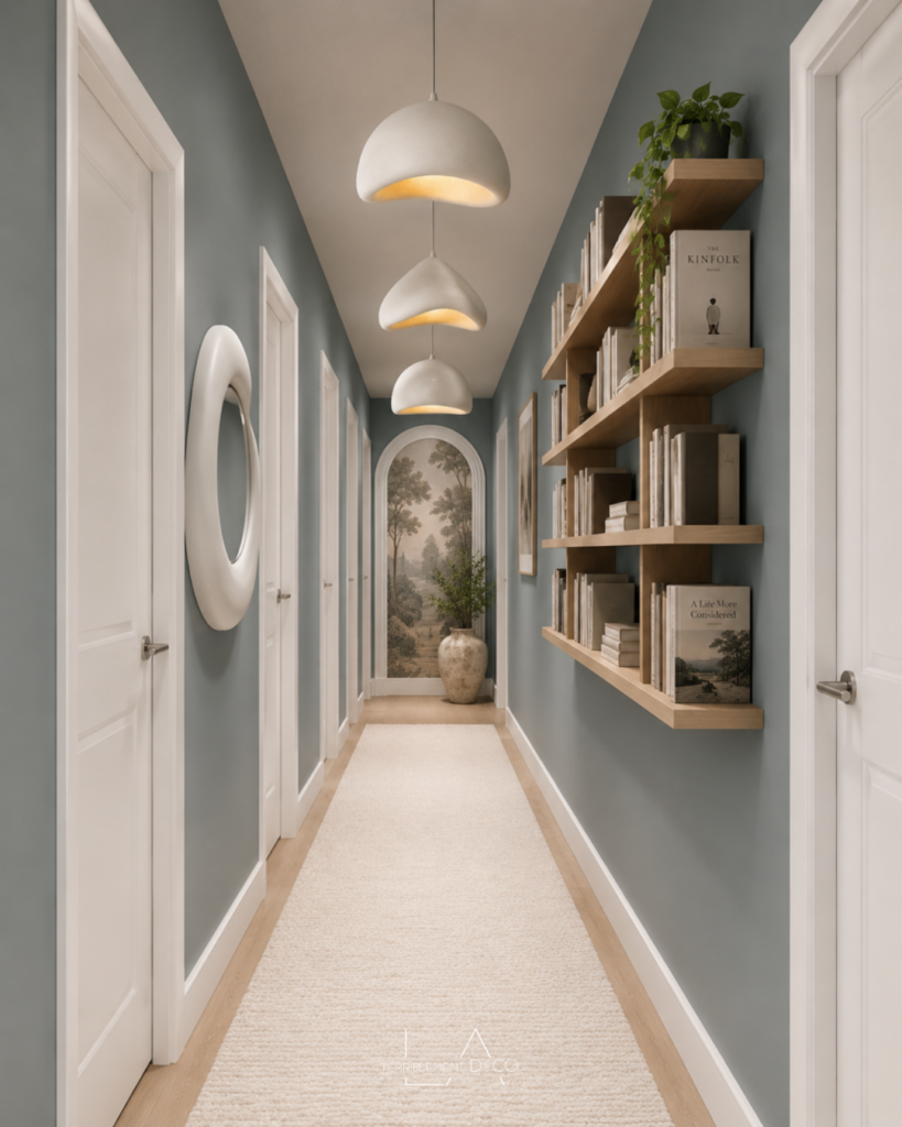 Long couloir bleu grisé avec bibliothèque en bois, suspensions et arche au fond pour rompre la perception d’une longue surface continue
